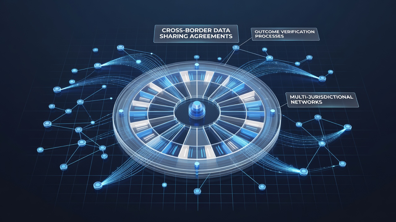 Network diagram showing data flows between wheel-based game operators across international borders for outcome verification
