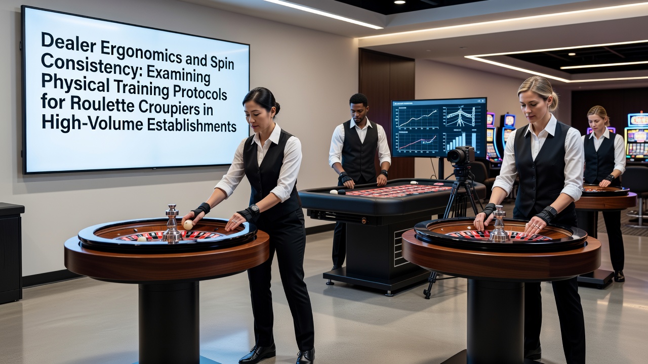 Roulette croupier demonstrating proper ergonomic posture and wrist positioning during a spin at a busy casino table