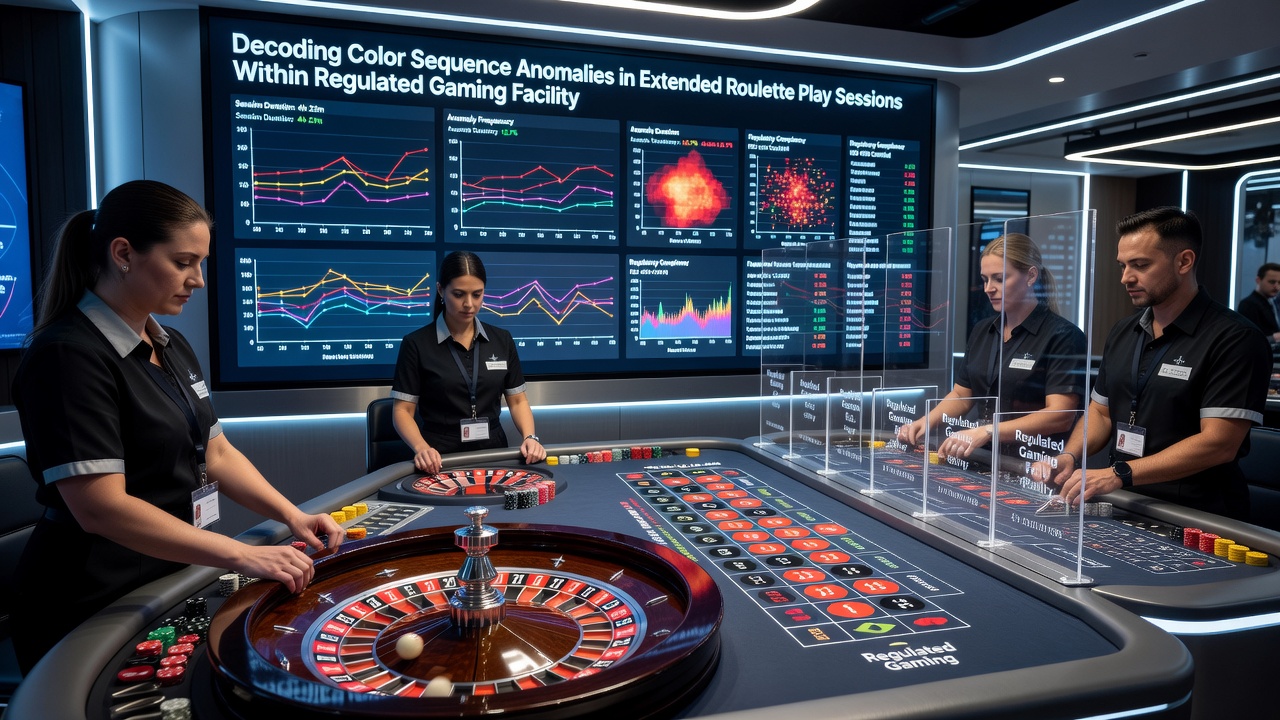 Casino surveillance team reviewing roulette table data logs on multiple monitors