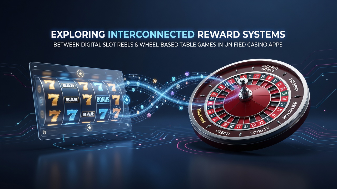 Unified casino app interface showing slot reels and roulette wheel with shared reward indicators
