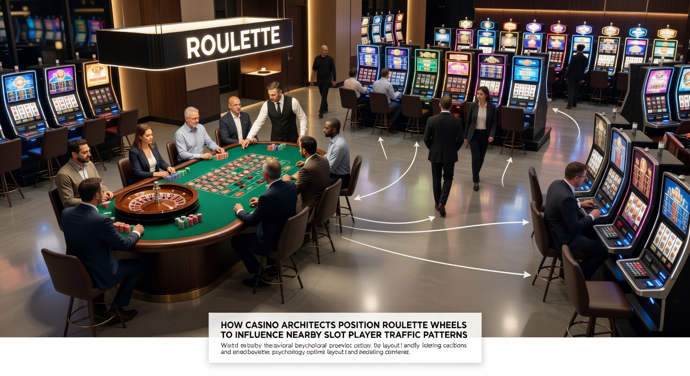 Casino floor layout showing roulette wheel positioned near slot machines to guide player movement