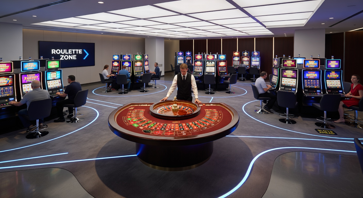 Detailed view of roulette table placement directing foot traffic toward slot machine banks