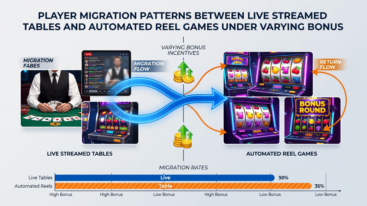 Data visualization showing player flow between live tables and reel games under different bonus conditions