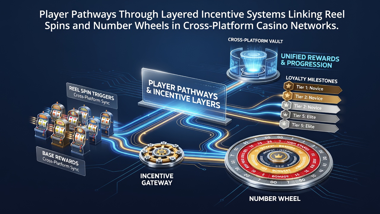 Diagram showing interconnected incentive layers between slot reels and roulette wheels across digital and physical casino platforms