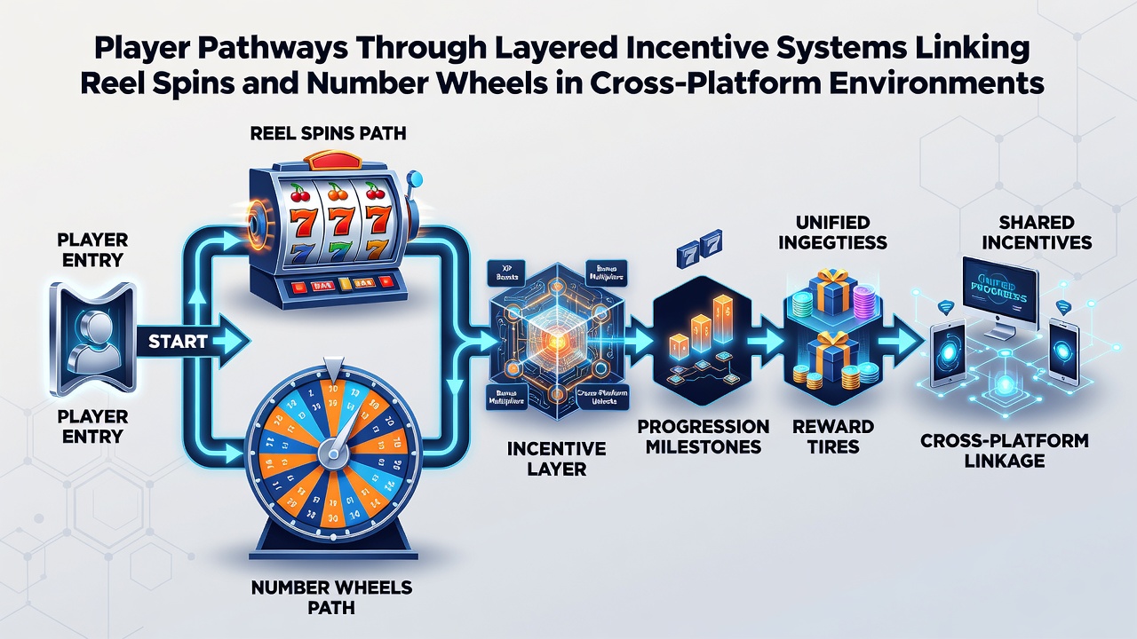Illustration of player progression map connecting slot machine activity to roulette table rewards in networked casino environments