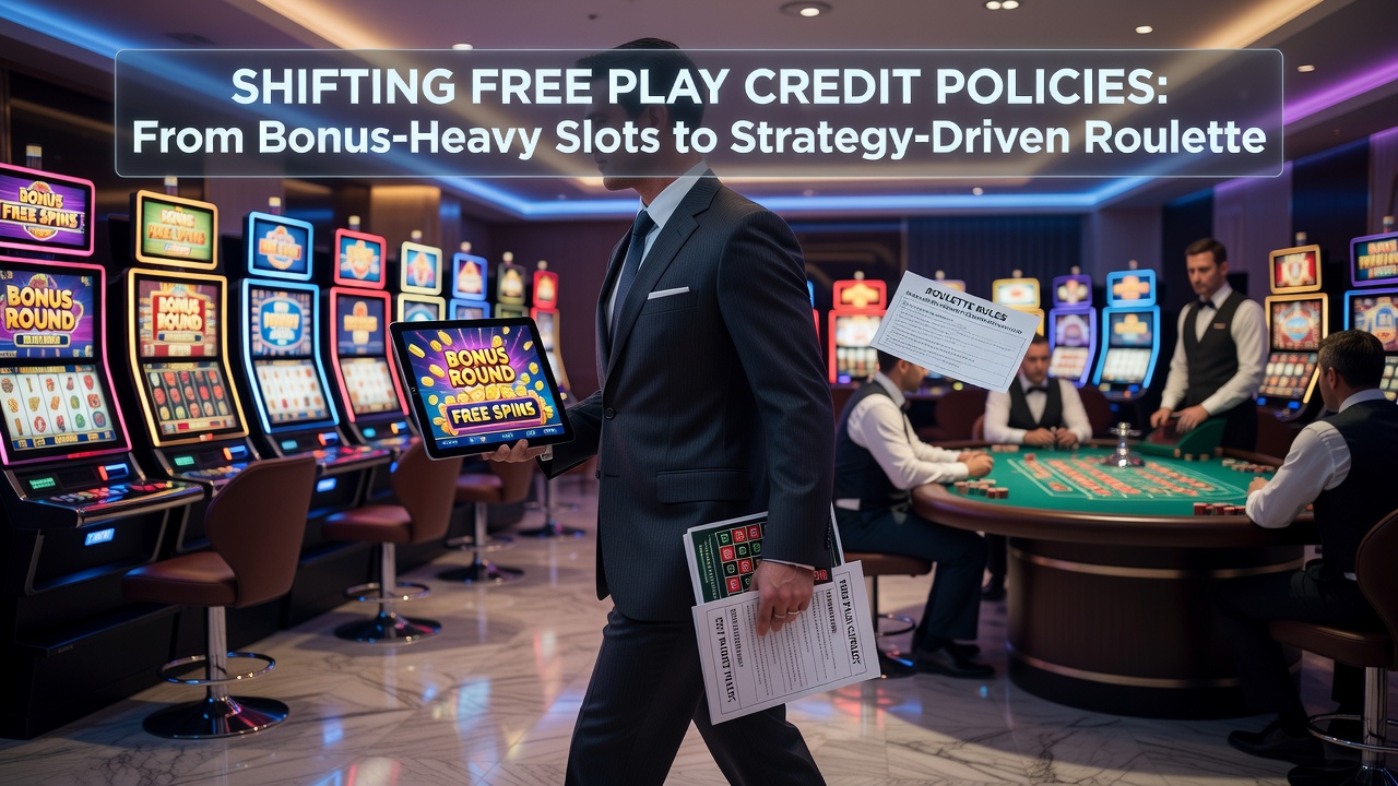 Players moving between slot machines and roulette tables in a casino environment with visible credit displays