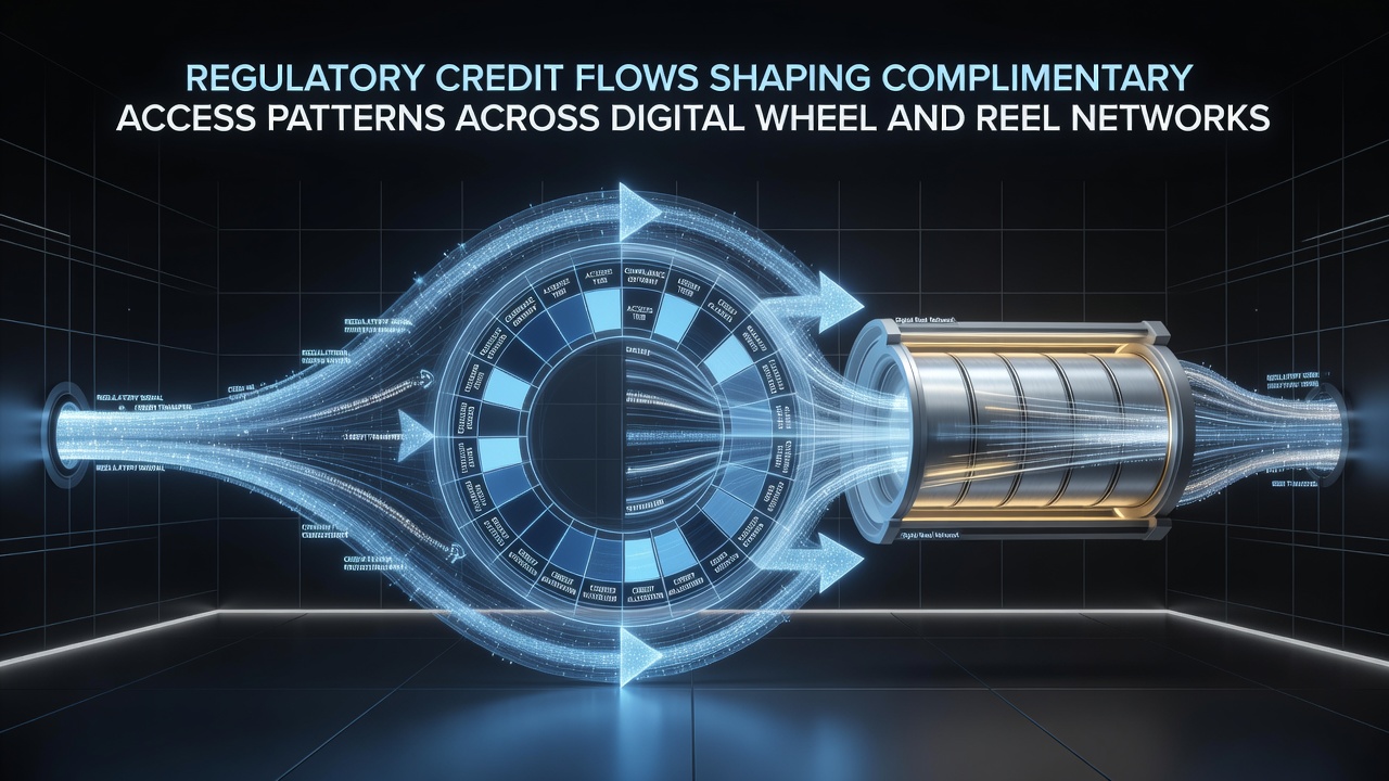 Digital interface showing regulatory credit allocation flowing between roulette wheels and slot reel networks in a multi-state gaming platform