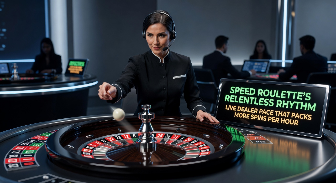 A live dealer at a high-speed roulette table launches the ball with precision, capturing the fast-paced action of Speed Roulette