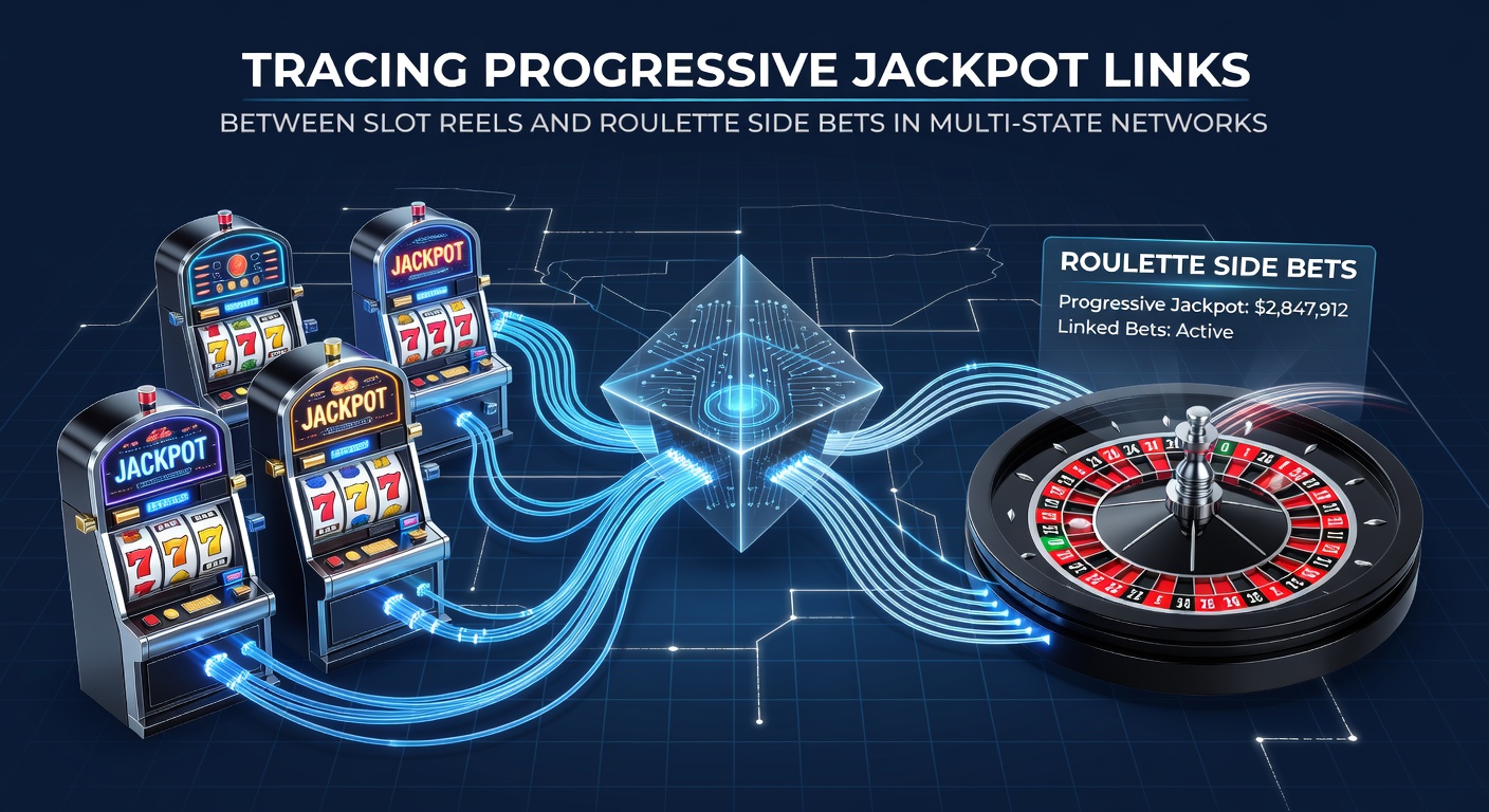 Network diagram showing progressive jackpot contributions flowing from slot machines and roulette tables across multiple states