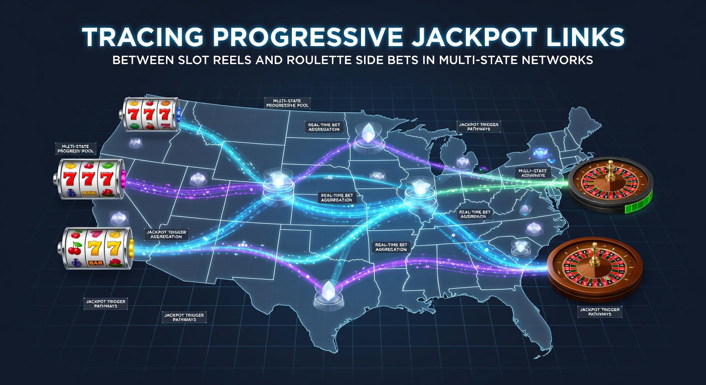 Casino floor view illustrating interconnected slot banks and roulette stations feeding a common progressive jackpot display