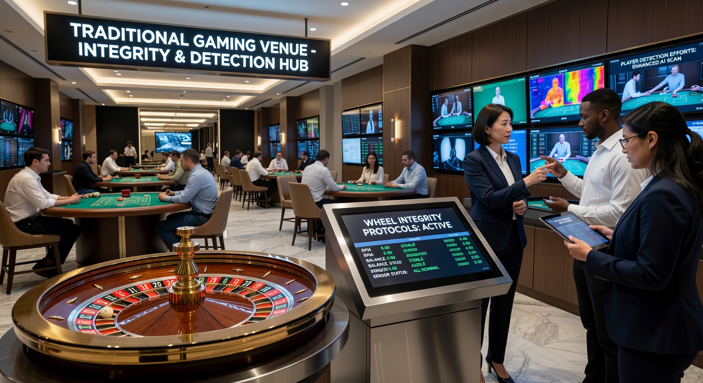 Casino roulette wheel under inspection with precision tools and surveillance equipment nearby